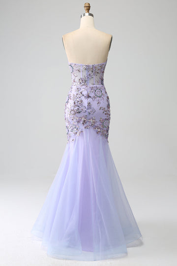 Vestido de fiesta de corsé lavanda sin tirantes de sirena con abalorios